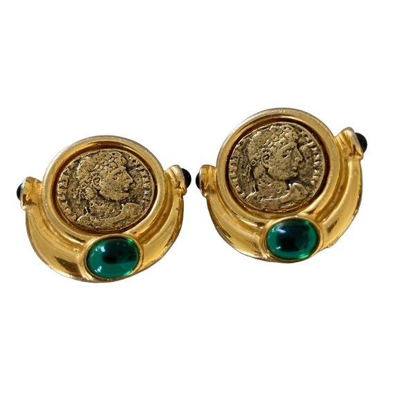 Vintage rare Caralina gold tone clip on Greek revival earrings cabochon coin - Picture 4 of 10